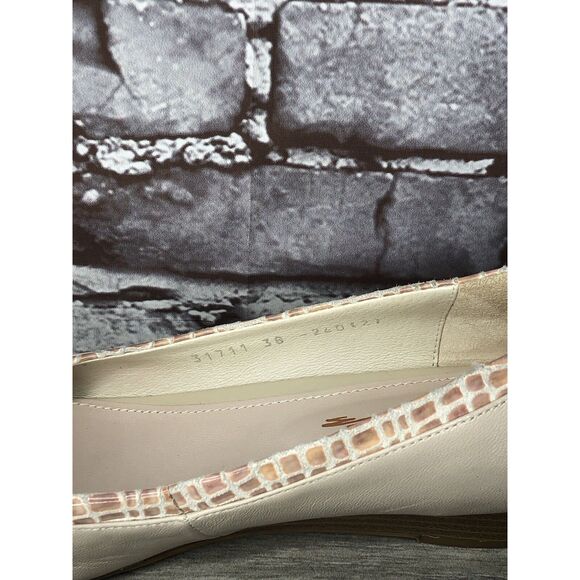 LE SAUNDA Ivory Leather Pink Croc Bow Peep Toe Wedges Women’s Sz 38EU/7.5M US - Picture 11 of 16